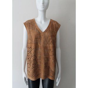 DROMe V-Neck Suede Cut-out Top in Camel Size Medium